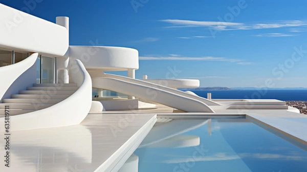 Obraz  Sleek white concrete building against a celestial blue sky, a testament to modern architectural elegance, generative AI