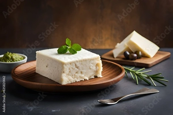 Fototapeta White cheese, feta with olives and cilantro on a neutral background created by AI