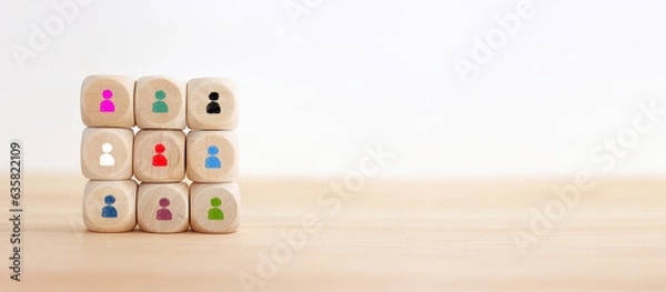 Fototapeta image of wooden cubes with people figures, human resources, leadership and management concept