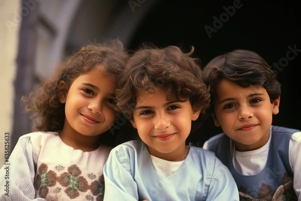 Fototapeta Three young children smiling brightly for the camera. A fictional character Created By Generated AI.
