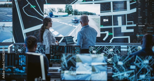 Fototapeta Diverse Team of Specialists Analyze Surveillance Feeds, Monitor Targets on a GPS City Map, Ensure Efficient Traffic Operations. Intensive Work in a Monitoring Room with Big Data Analytics Engineers