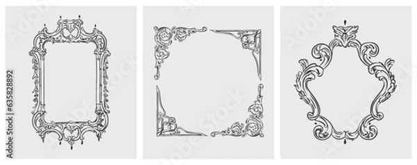 Fototapeta Hand drawn vector abstract outline,graphic,line art vintage baroque ornament floral frames set in minimalistic modern style.Baroque floral vintage outline design concept.Vector antique frame isolated.