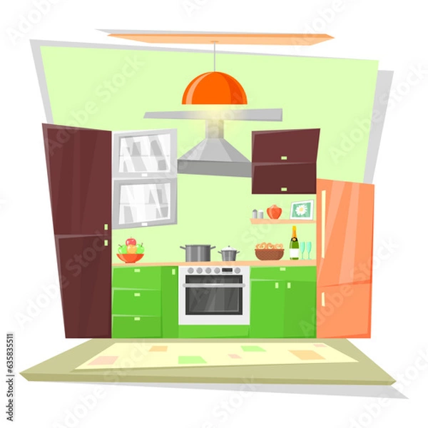 Fototapeta Fragment of an interior for a cartoon kitchen in green tones isolated on a white background