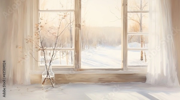 Fototapeta White vase with dry flowers on the windowsill in winter. View through the window. Winter season. Morning lighting.