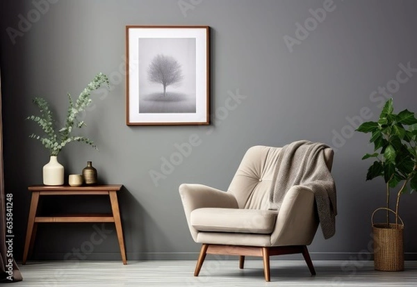 Fototapeta Elegant living room interior with design furnitures, mock up frame poster, plants, and personal accessories. Home decor. Interior design. Template. 
