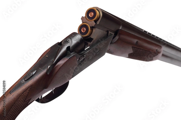 Fototapeta Open double-barrelled shotgun right rear view isolated on white