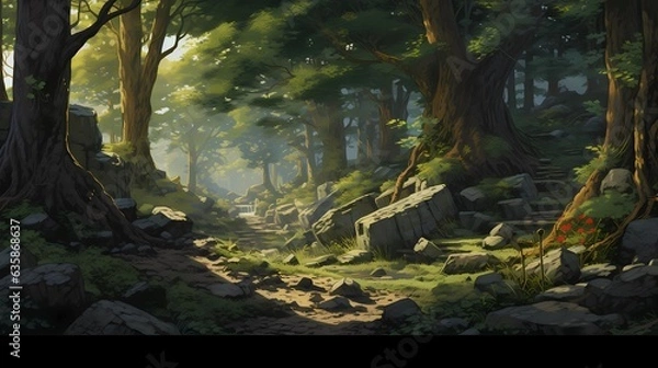 Obraz The River Bank with Flowers and Trees.Deep Forest. Video Game's Digital CG Artwork, Concept Illustration, Realistic Cartoon Style Background. Fantasy Backdrop.Generative AI.
