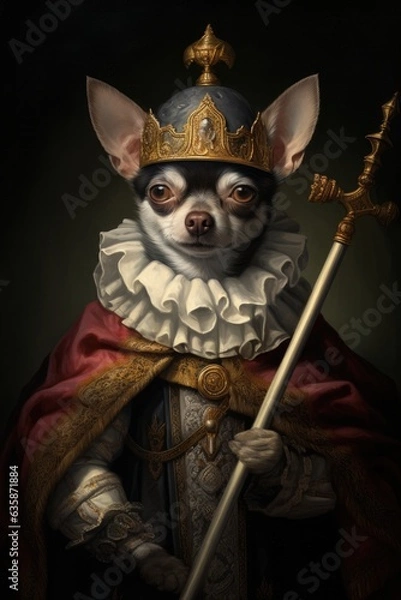 Fototapeta Ironic chihuahua dog portrait, King, Queen, Prince, Dressed, Medieval, Renaissance. CHIHUAHUA ABSOLUTE KING. 3D doggy dressed up as a sovereign with cloak, scepter, crown, and royal clothes.