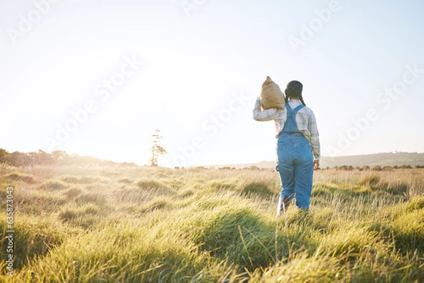 Obraz Walking, bag or farmer farming in nature harvesting production in small business to trade. Back, mockup space or woman working with bag for sustainability or agro development on countryside field