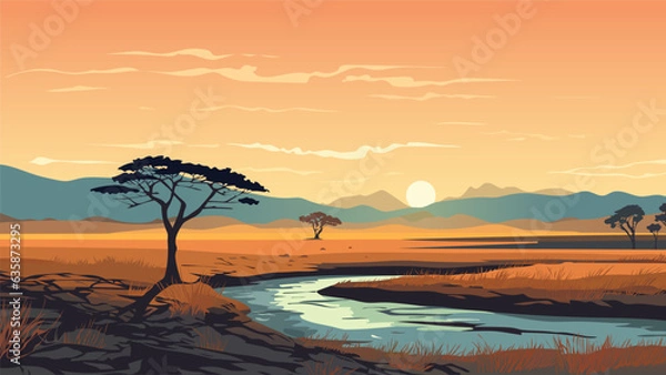 Fototapeta Beautiful African landscape of savanna and river at sunset. Amazing African wildlife landscape. Beautiful landscape for printing. Vector illustration.

