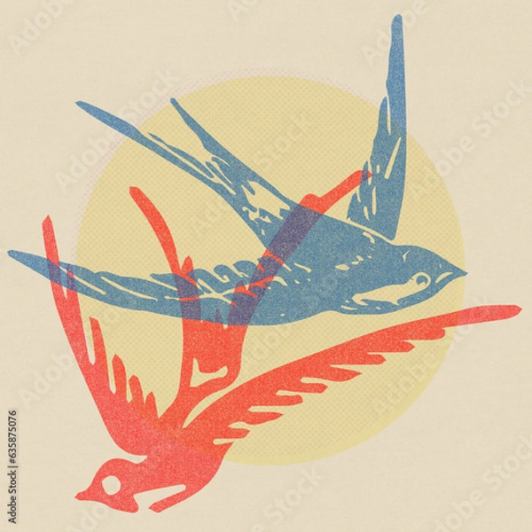 Fototapeta Two flying swallows in the sky, riso risograph screen printing and tattoo style engraved illustration , illustration of an background with birds