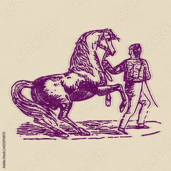 Fototapeta Engraved 19th century print style illustration with a riso risograph effect of a horse being trained, person with a horse.