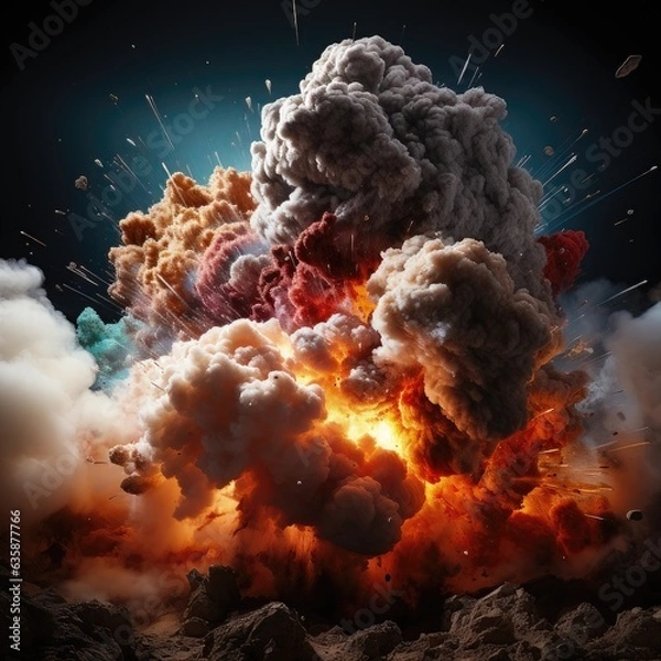Obraz Explosion with fire and colored smoke on dark background