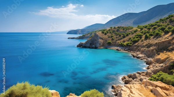 Obraz Step into a world of tranquility and azure hues with this mesmerizing image of the Mediterranean Sea. Rugged cliffs and rolling hills create a dramatic backdrop, while the sea's mesmerizing shades of