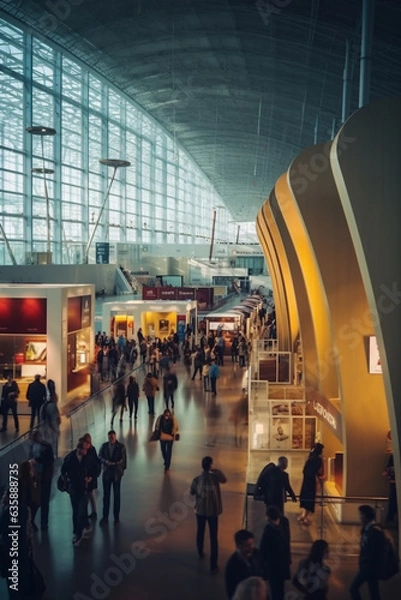 Fototapeta Expansive Exhibition Hall Abuzz with Numerous Visitors Exploring Engaging Displays - AI generated