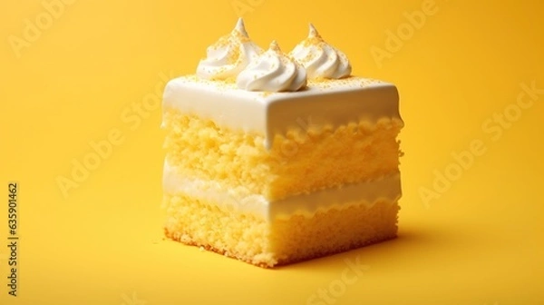 Fototapeta  a piece of cake with white frosting on a yellow background.  generative ai