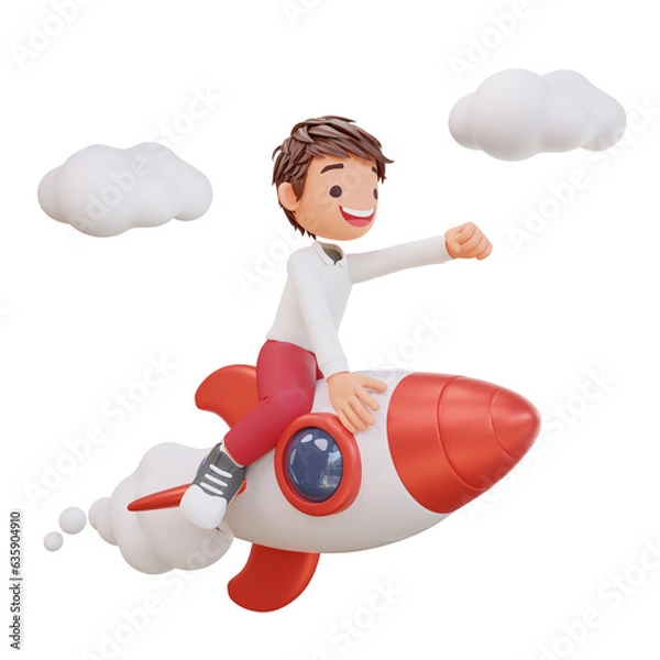 Obraz 3d rendered cute student character is flying on a rocket
