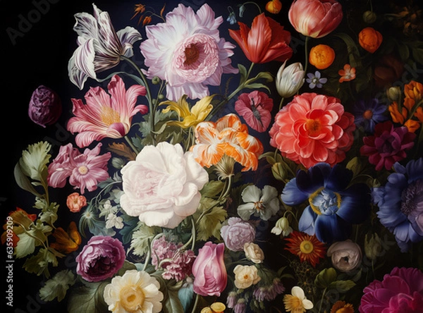 Fototapeta A colorful and varied flower arrangement, overflowing the frame. The flowers contrast with the black background. Cheerful and lively mood.