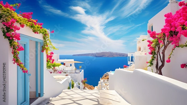 Fototapeta Embrace the allure of Mediterranean architecture with this enchanting image. A cluster of whitewashed houses adorned with colorful flowers overlooks a tranquil bay. The gentle sea breeze and the sound