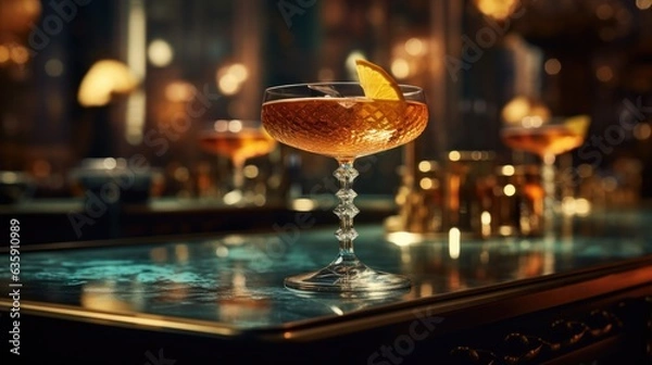 Fototapeta Cocktail close up in a bar setting. Blurred people in the background. Selective focus on the drink and glass.