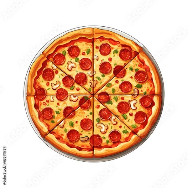 Fototapeta Ręka pizza z różnymi składnikami w stylu kreskówek. Ikona całej i posiekanej pizzy. Ilustracja wektorowa EPS10