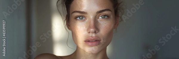 Fototapeta Close-up indoor natural portrait of a young woman model with freckles on a light background