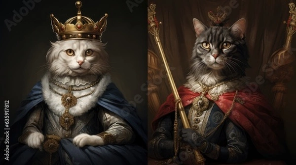 Fototapeta Double portrait, Animals, Cats, Crown, Dressed, Ruler, King, Prince, Emperor. IN THE KINGDOM OF CATS. 3D royal kittens. A couple of powerful emperor felines dressed up in perfect Renaissance style.