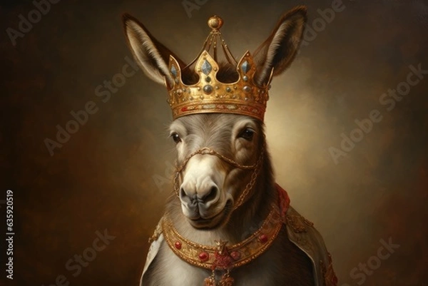 Fototapeta 3D portrait, Animal, Donkey, Crown, Dressed, Ruler, King, Prince, Emperor. CROWNED DONKEY. A portrait of a cute donkey with pricked ears dressed up as a king.