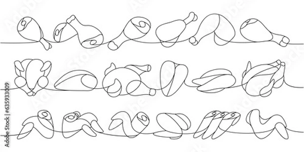 Fototapeta Fresh chicken parts set one line continuous drawing. Raw chicken meat parts continuous one line illustration. Vector minimalist linear illustration.