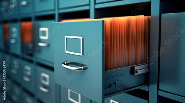 Fototapeta File cabinet, office archive storage with drawers for documents, paper data, library or registry cards. Metal cabinet for paperwork organization, realistic illustration.
