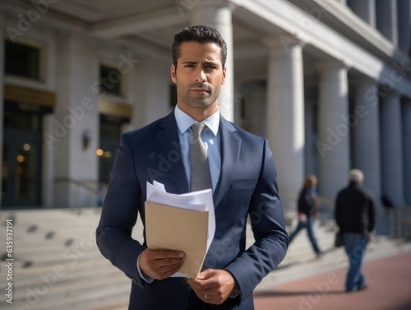 Obraz Fotografía de un abogado fuera de un tribunal, documentos en mano, listo para defender la justicia.
