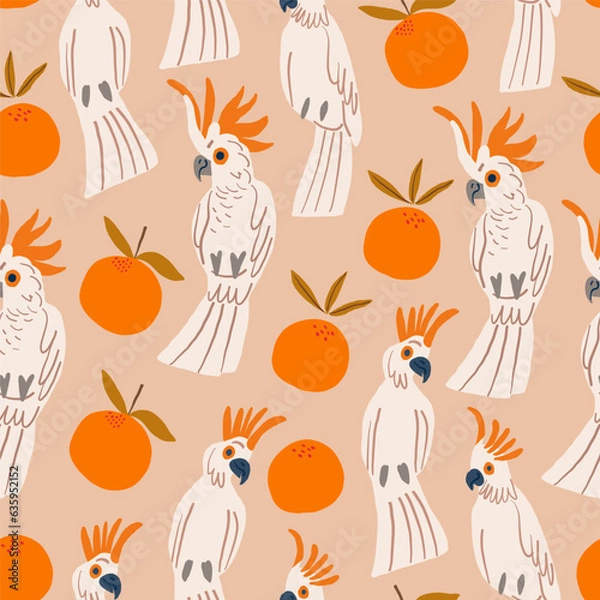 Fototapeta Parrots and oranges pattern on beige background. Tropical pattern. Vector illustration