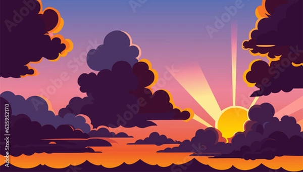 Obraz Sunset with clouds and sun rays coming out of the clouds and the sun is setting in the distance, colorful flat surreal design, vector art, context art. Cartoon anime background. Vector illustration.