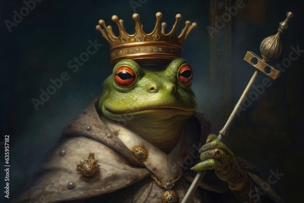 Fototapeta Toad, Frog, Emperor, King, Ruler, Dressed, Medieval, Renaissance, Ironic portrait. HIS HIGHNESS THE TOAD. A portrait of a green toad dressed up as a king.