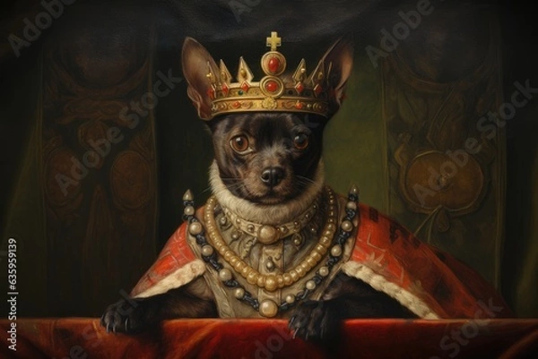 Fototapeta Dog, Feline, King, Emperor, Dressed, Medieval, Renaissance, Ironic, Bizarre portrait. HIS IMPERIAL HIGHNESS THE DOG. A feline dressed up as an Emperor in perfect Medieval style.