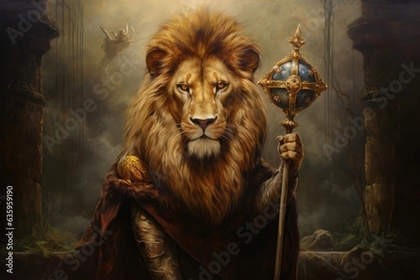 Fototapeta Lion, King, Renaissance, Medieval, Fantasy portrait, Painting, Wallpaper, Poster, Scepter. RETURN OF THE KING. Imposing ruler. Makes his return from exile to his fallen empire amidst crumbling ruins.