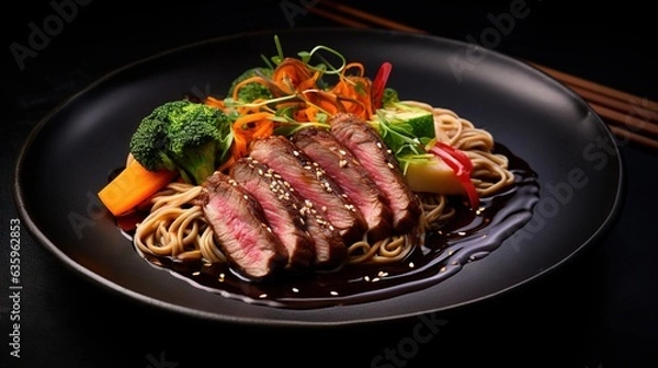 Obraz  a plate of food with noodles, broccoli and carrots.  generative ai