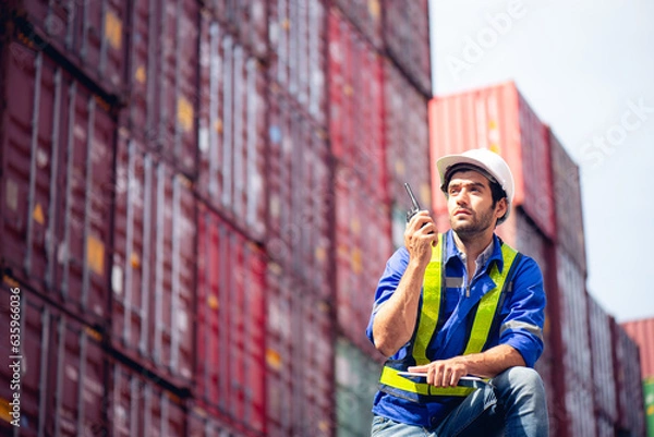 Fototapeta Engineers or industrial workers using walkie-talkie command or communicate to shipping cargo freights colleague with background of cargo containers at shipping container yards and port yards.