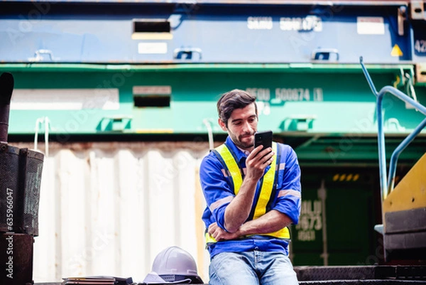 Fototapeta Engineer or Technician texting smartphone cell phone during break time after long hours of working with cargo container yard or engineering site.