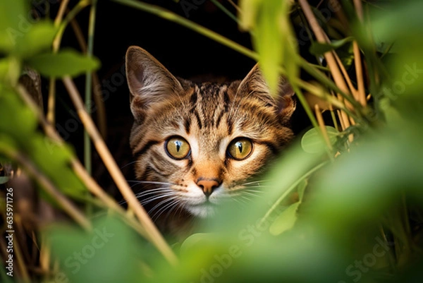 Fototapeta Piercing gaze of a cat hidden in the foliage