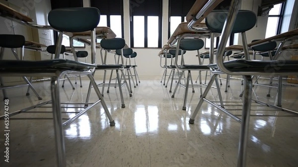 Fototapeta Rows of empty desks chairs in a school classroom towards the back of the room.