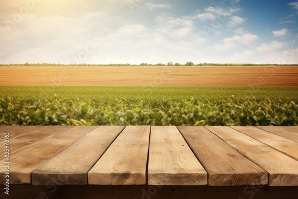 Obraz Empty rustic top wood table at gripening soybean field, There is space to place products.