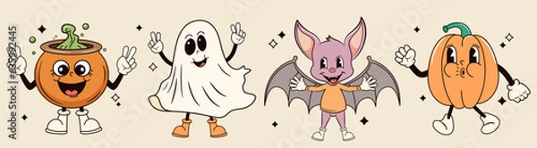 Fototapeta Set of grooby retro halloween characters. Vector illustration.