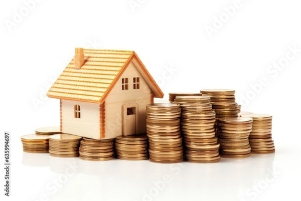 Fototapeta Miniature house with stack of coins on white background, real estate market concept, Generative AI