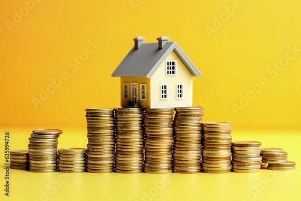 Fototapeta Miniature house with stack of coins on yellow background, real estate market concept, Generative AI
