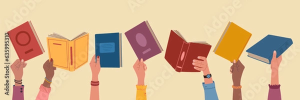 Obraz Book exchange or crossing. Diverse hands holding books. People exchanging, borrowing and recommending literature. Hand drawn vector illustration isolated on light background, flat cartoon style.