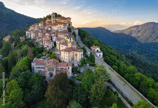 Fototapeta Aerial view of the Sacro Monte of Varese - Sunset