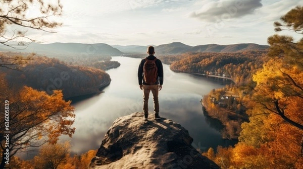 Fototapeta A fictional man stands on top of a steep cliff overlooking a river and a forest.