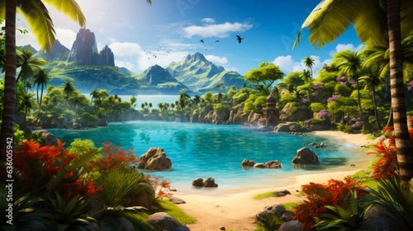 Fototapeta fantastic cartoon beach with unreal nature generated by AI