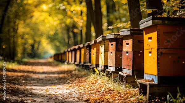 Fototapeta Colorful Bee hives that are arranged in a line on the farm